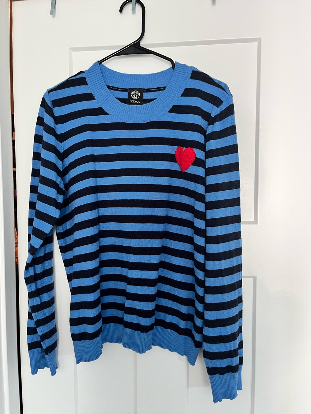 bobeau Blue and Black Striped Sweater with Red Heart Patch